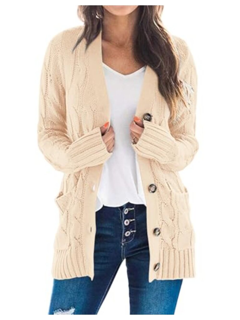 Women's Cable Knit Button Down Cardigan Long Sleeve Chunky Knit Sweater